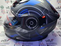 کلاه کاسکت ايمنی فک متحرک عينک دار خارجی کامل مارک ردلاين دايره سفيد ابی خطی مات کد 939